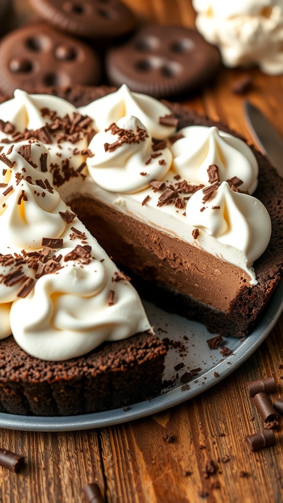 Chocolate ice cream pie with whipped cream and chocolate shavings on a wooden table.